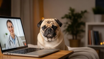 Digital pet health A charming pug dog attentively participates in a telemedicine session with a veterinarian on a computer screen, embracing modern remote care