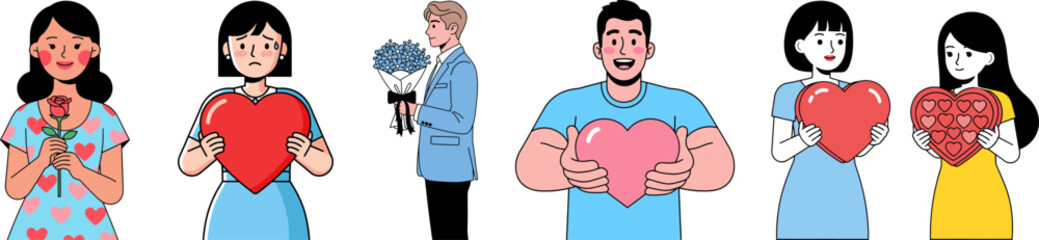 Diverse People Expressing Love with Hearts and Flowers Vector Art