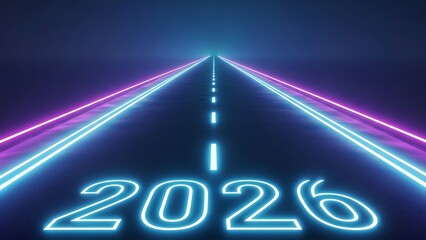 Futuristic neon road with glowing blue 2026 text and magenta purple light trails in dark background highway