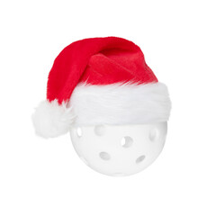 Festive white pickleball ball wearing a Santa Hat representing holiday spirit.