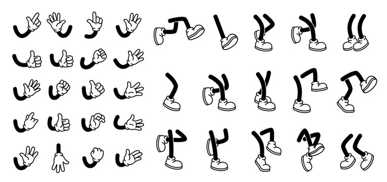 Set of cartoon character hands and legs in a retro 1930s animation style showing various gestures and poses like walking, running, and pointing for a comic mascot constructor kit
