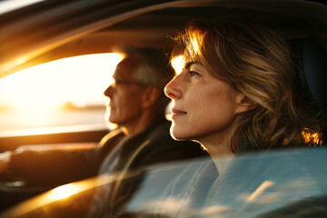 Side profile of mature couple driving car against bright sunset