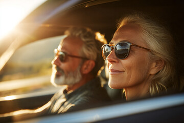 Happy mature couple driving car during sunny road trip at sunset
