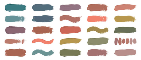 Fototapeta premium Large collection of artistic paint strokes in a muted, earthy color palette, featuring diverse textures and shapes like smears, waves, and dabs for creative graphic design