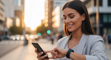 Woman using smartphone and smartwatch in urban setting. Wireless technology and mobile phone connection concept for business and lifestyle.