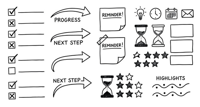 Hand-drawn black and white doodle elements for business planning, including checklists, progress arrows, reminder notes, hourglasses, and rating stars for project management