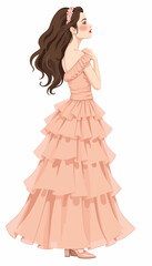 Fototapeta premium Elegant Illustration of a Woman in a Flowing Peach Evening Gown with Layered Ruffles and Long Wavy Hair Complemented by a Delicate Hair Accessory