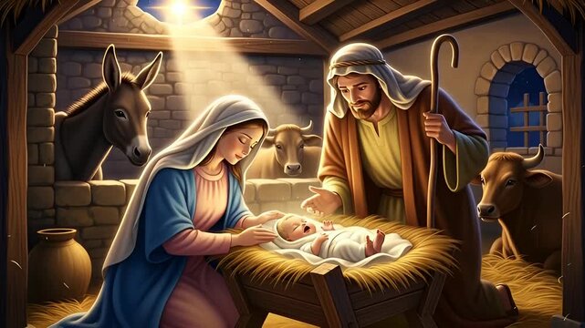 Joseph, virgin Mary, and baby Jesus in a manger with star of Bethlehem, a Christmas holiday scene. Christian biblical nativity story.
