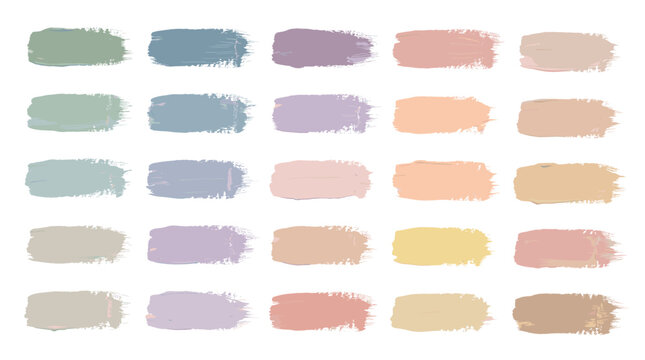 Large collection of textured paint brush strokes in a muted pastel color palette with shades of green, blue, purple, and pink, arranged neatly in a grid for design inspiration