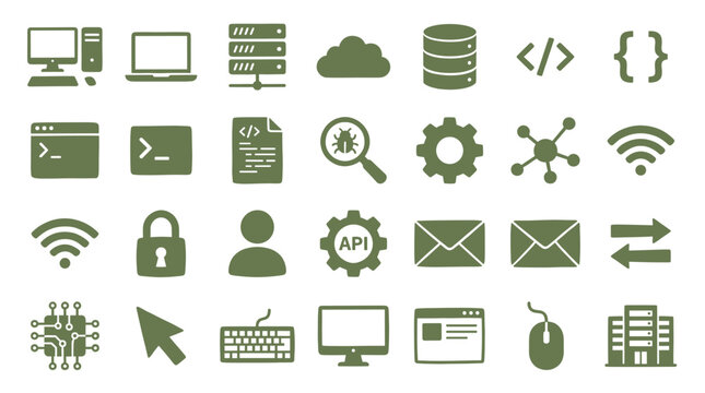 Set of green technology and computing icons in a minimalist, hand-drawn style, illustrating concepts of software development, programming, data, security, and networking