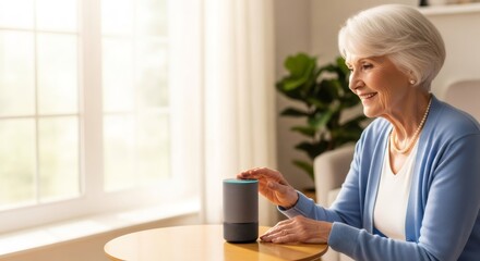 Woman interacting with smart speaker. Senior female using a voice assistant at home. Modern technology for elderly people and digital lifestyle.
