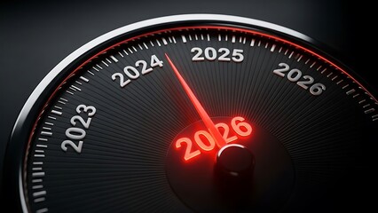 Closeup of a speedometer dial glowing red showing years 2023 to 2026 in dark background