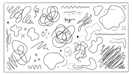 Hand-drawn black and white abstract shapes and lines collection featuring various doodles, scribbles, squiggles, and graphic elements in a minimalist, chaotic sketch design