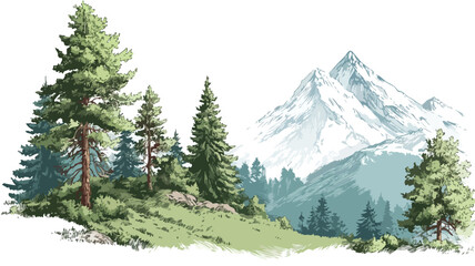 Fototapeta premium Mountain and Trees Silhouette with Mountain Background Vector
