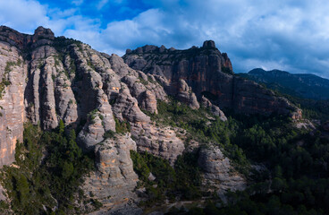 Fototapeta premium Aerial view from a drone of the La Pesquera landscape in the town of Beceite. Els Ports. Matarraña region. Province of Teruel. Autonomous Community of Aragon. Spain. Europe