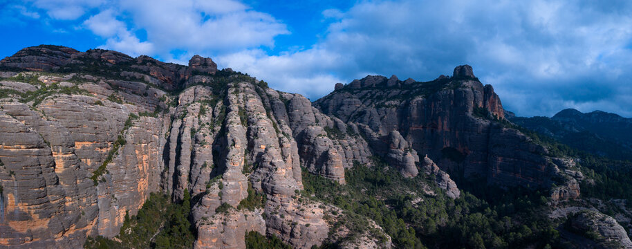 Aerial view from a drone of the La Pesquera landscape in the town of Beceite. Els Ports. Matarra&ntilde;a region. Province of Teruel. Autonomous Community of Aragon. Spain. Europe