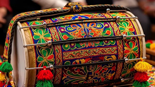 Colorful dhol drum with intricate patterns celebrating Lohri festival vibes in warm lighting
