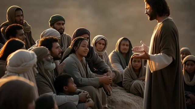 Jesus Christ teaching a multiethnic crowd, men, women, and children, on a hill. Biblical spiritual concept.