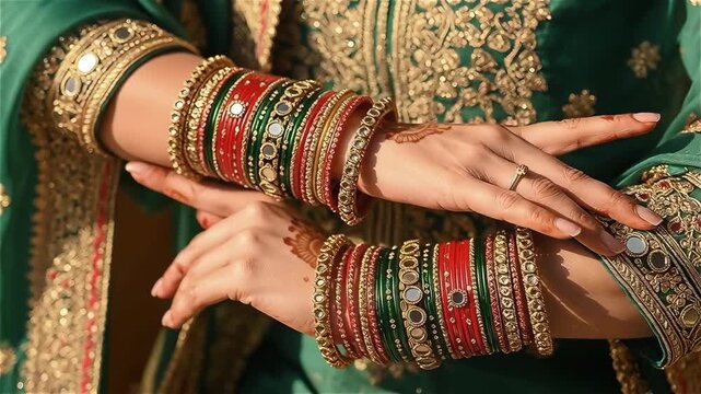 Traditional Indian bangles on woman&rsquo;s hands during Lohri celebration vibrant ethnic attire close-up
