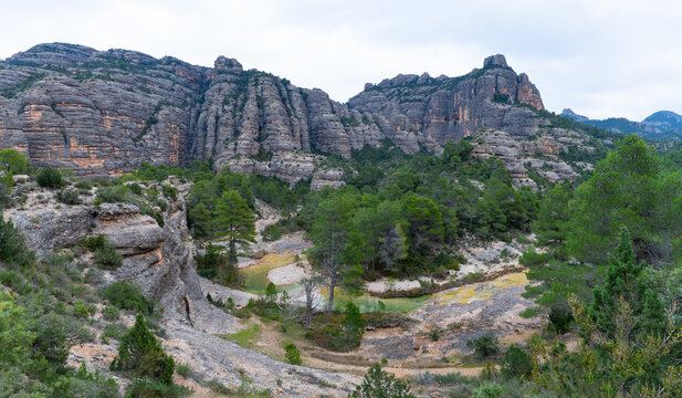 Aerial view from a drone of the La Pesquera landscape in the town of Beceite. Els Ports. Matarra&ntilde;a region. Province of Teruel. Autonomous Community of Aragon. Spain. Europe