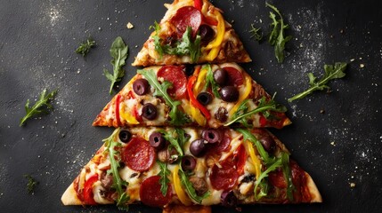 A creatively arranged pizza, sliced into the shape of a Christmas tree, garnished on a dark background
