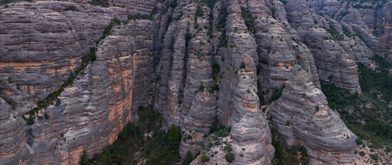 Aerial view from a drone of the La Pesquera landscape in the town of Beceite. Els Ports. Matarra&ntilde;a region. Province of Teruel. Autonomous Community of Aragon. Spain. Europe