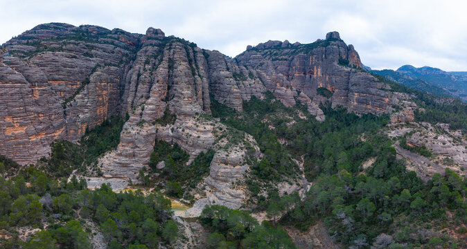 Aerial view from a drone of the La Pesquera landscape in the town of Beceite. Els Ports. Matarra&ntilde;a region. Province of Teruel. Autonomous Community of Aragon. Spain. Europe