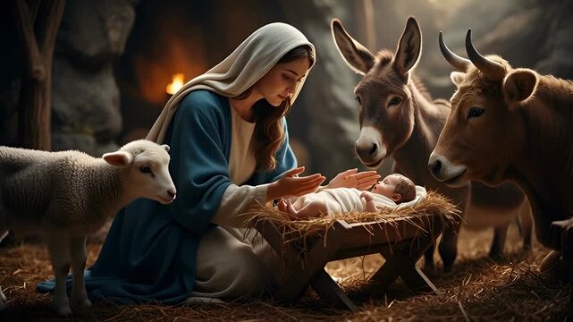 Woman Virgin Mary with baby Jesus in manger with animals. Nativity scene or Christmas concept. Birth of Jesus Christ. Biblical story.