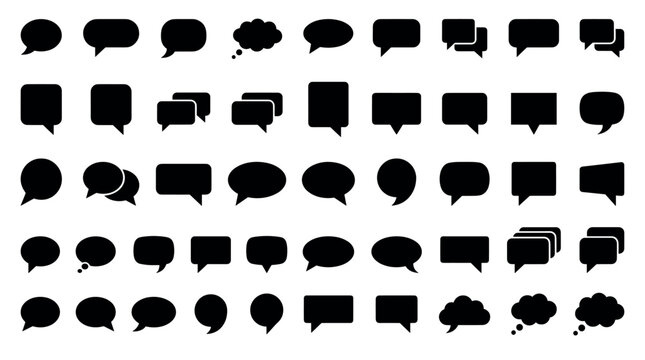 Large collection of black speech bubble icons in various shapes and styles for communication concepts, including chat, dialogue, and thought bubbles in a flat vector design