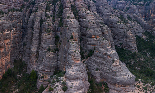 Aerial view from a drone of the La Pesquera landscape in the town of Beceite. Els Ports. Matarra&ntilde;a region. Province of Teruel. Autonomous Community of Aragon. Spain. Europe