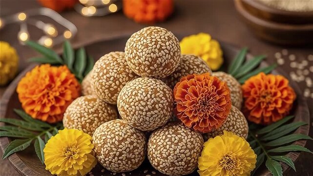 Traditional sesame sweet balls (Tilgul) with marigold flowers on wooden plate, festive Lohri celebration