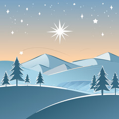 Minimal Nativity Star Winter Landscape Illustration &mdash; Holy Night over Snowy Hills and Pine Trees, Flat Geometric Vector