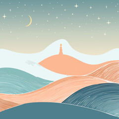 Minimal Winter Night Landscape Illustration &mdash; Abstract Rolling Hills with Moon and Stars, Flat Geometric Vector Design