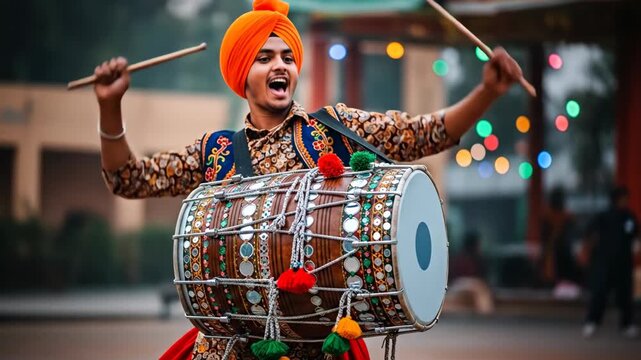 Young man playing dhol drum joyfully celebrating vibrant Lohri festival outdoors with bokeh lights