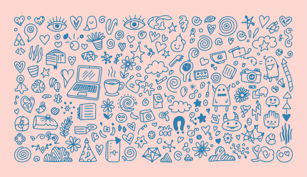 Hand drawn kids doodle illustration set with playful icons, whimsical shapes and creative symbols