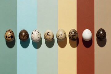 Diverse quail eggs arranged on colorful background stripes