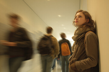 Low-angle portrait of a thoughtful young female university student leaning against a wall, with blurred figures of students in motion creating a busy background in a campus hallway.