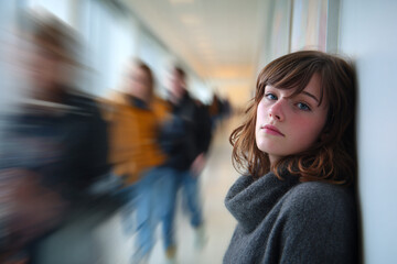 Portrait of serious young woman student standing in busy hallway