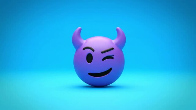 A 3D purple emoji toy with a devilish emoticon face on a blue background.