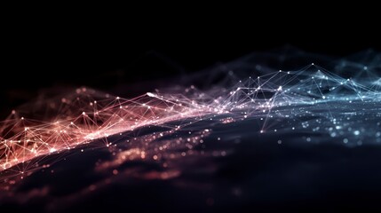 A dark background with glowing interconnected points forms a wave-like structure colored red to blue. Light shines, creating depth