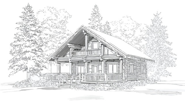 Cozy Log Cabin in the Woods Vector Illustration with Outline Isolated