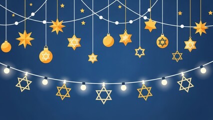 Festive Jewish Star Decorations and String Lights on a Deep Blue Background