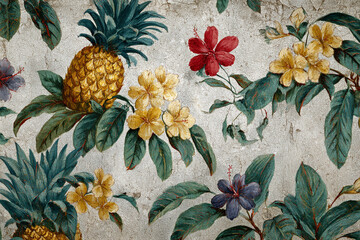 A tropical paradise unfolds with golden pineapples and vibrant hibiscus flowers against a distressed textured background