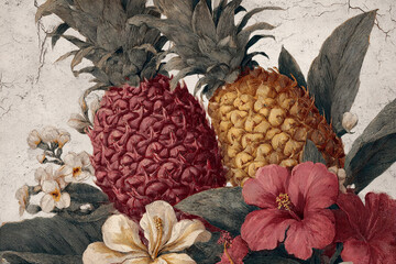 A rich composition of ripe pineapples and vibrant tropical flowers set against a textured background