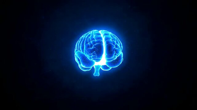 Glowing blue neon human brain with intricate neural pathways illuminated against deep black background