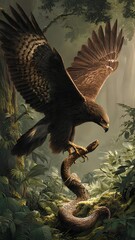 an eagle hunting a snake