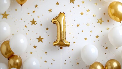 Luxury First Birthday Balloon Backdrop &ndash; Gold & White Celebration Design

