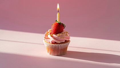 Strawberry Birthday Cupcake on Pink Background &ndash; Sweet & Festive Design

