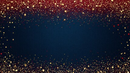 A dark blue gradient background sprinkled with gold and red particles forming a frame. The dots create a festive and celebratory feel
