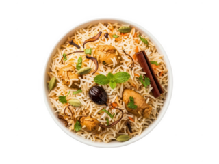 Chicken Biryani in White Bowl with Spices and Mint Garnish rice dish indian food